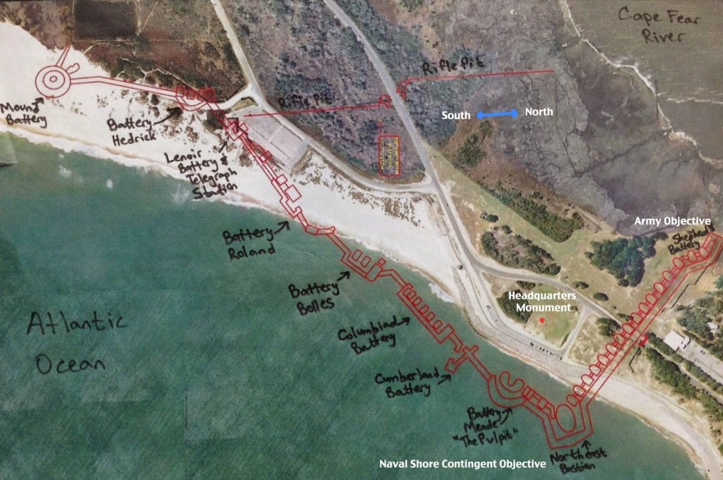 This hand-drawn overlay found at the Fort Fisher State Recreation Area offices, near the site of the fort's telegraph station, shows both its massive scale and how much has been lost to erosion or demolition.  Fort Fisher's palisade, a 9-foot-high fence constructed of sharpened pine tree trunks (as opposed to the recreated cedar version that girds Federal Point today) spanned the Land Face from Shepherd's Battery to the Atlantic shoreline.  It would have extended beyond the lower right-hand corner of the photograph.  Dams constructed in the late-1800s by the US Army Corps of Engineers, spanning where blockade runners once rounded Federal Point (then Confederate Point) just southwest of the fort at New Inlet, as well as road construction during the 20th Century, altered the peninsula's shoreline.   